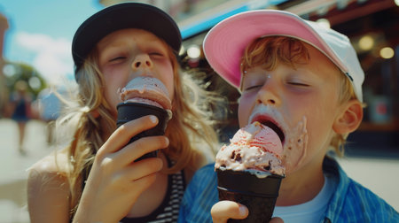 Two stylish fashionable children in caps are eating delicious ice cream in black waffle cones. Brother and sister are enjoying a sweet summer treat in the city. The scene is carefree and fun. World Ice Cream Dayの素材