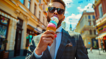 A man in a suit eats ice cream with four different flavors in a waffle cone. The action takes place on a city street, along which several people are walking. The man is wearing sunglasses and a tieの素材