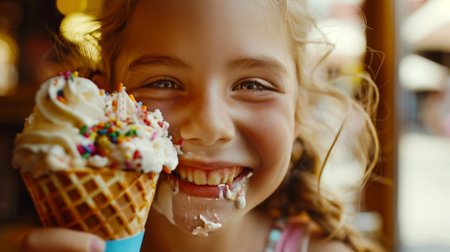Close-up of a young girl eating ice cream in a frosted waffle cone. She smiles and enjoys her treat. World Ice Cream Day. Children's partyの素材