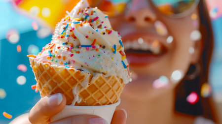 Close-up of a young woman in sunglasses holding a waffle cone with a ball of vanilla ice cream with pastry sprinkles. She smiles and enjoys her treat. World Ice Cream Dayの素材
