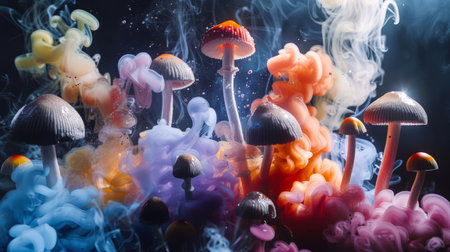 Shamanism. A colorful smoky cloud with a variety of hallucinogenic mushrooms. The smoke and colors create the impression of a psychedelic, otherworldly scene. A narcotic trip. Psychotherapyの素材