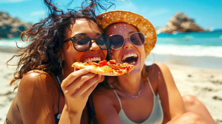 Two interracial lesbian girlfriends are sitting on the beach and eating pizza. Two young vacationing women are enjoying a vacation at sea. The scene is happy and relaxed. Pizza day. Italian cuisineの素材