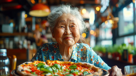 A pensioner in a pizzeria. A happy elderly Asian woman is sitting at a cafe table with a large pizza. Pizza day. Italian cuisine. The restaurant has a cozy atmosphereの素材