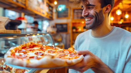 A happy unshaven white guy is holding a plate of pizza in a restaurant. He's smiling and he's happy. The pizza is sprinkled with pepperoni, which is a popular filling. The restaurant has a warm and welcoming atmosphereの素材