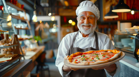 Pizza from the chef. A happy gray-haired chef in a chef's hat and apron holds a plate of delicious hot pizza and carries it to regular visitors. Italian cuisine. Pizza day.の素材