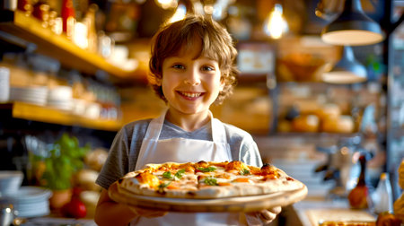 Courses for chefs. The little cook has just baked his first pizza. A little boy is holding a plate of hot delicious pizza in a pizzeria. He is smiling and happyの素材