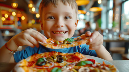 A little white boy enjoys pizza in a restaurant. He is holding a slice of pizza with salami, mushrooms, olives, onions and basil. Italian cuisine. He is smiling and happy.の素材