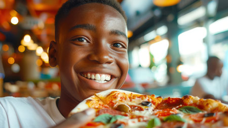 A black teenager is smiling and holding a pizza with salami, olives and basil in his hands. The concept of happiness and enjoyment when a boy poses with his food. Pizza itself is a popular and delicious dishの素材