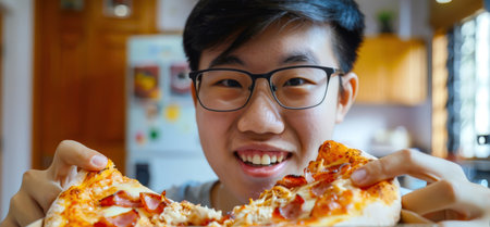 A young Asian guy with glasses holds a piece of pizza in his hand and smiles. He's sitting in his kitchen. Pizza day. Italian cuisine.の素材