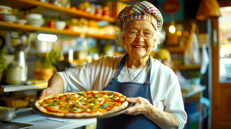 The old chef. An elderly Italian woman in a chef's hat and apron holds a freshly cooked pizza on a plate in her hands. She is smiling and happy. Pizza Dayの素材