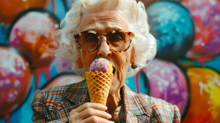 World Ice Cream Day. A stylish, fashionable elderly woman enjoys ice cream in a waffle cone. The woman is wearing glasses and a plaid jacketの素材
