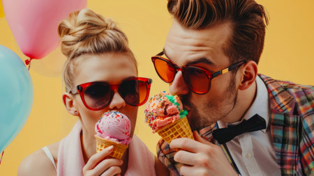 A young funny stylish fashionable man and a woman in sunglasses are eating two ice creams in waffle cones. Birthday celebration. World Ice Cream Dayの素材