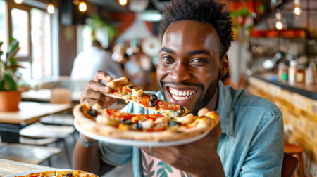 A cheerful black man smiles and holds a slice of pizza with olives. The pizza is on a white plate and cut into two parts. A man is in a restaurant surrounded by other peopleの素材