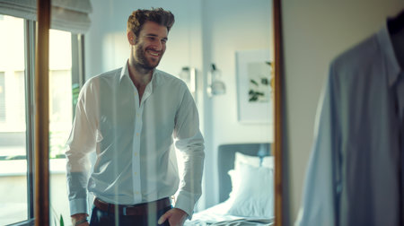 A successful, confident man is going to work early in the morning. He puts on a white shirt and looks at himself in the mirror. Morning treatments. The scene is cheerful and confidentの素材