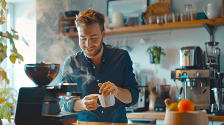 A white man prepares coffee for himself in a coffee machine in a stylish kitchen. He smiles and enjoys the cooking process. The kitchen is well equipped with various household appliancesの素材
