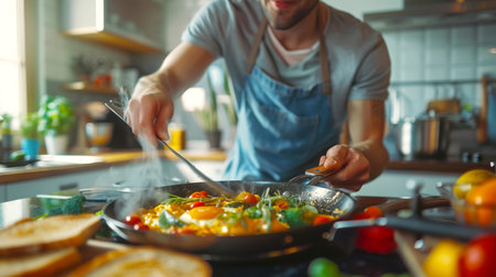 A white man in an apron is cooking fried eggs with vegetables in a frying pan. The dish is a vegetable omelet with tomatoes and spinach. Morning treatments. Stylish kitchenの素材