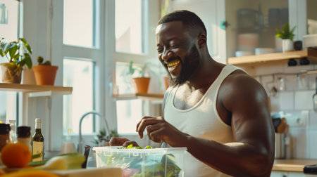 A black African man smiles as he takes vegetables and herbs out of a plastic container. He's going to make a salad of fresh vegetables. The scene depicts a happy and healthy personの素材