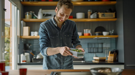 A positive man puts ready-made food in a plastic container to have lunch at work. A man smiles while holding a container of food in the kitchen. The kitchen is well equipped with various itemsの素材