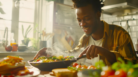 A black man cooks food in a frying pan and smiles. The dish is a vegetable stew. A healthy breakfast or lunch. The scene is fun and positiveの素材