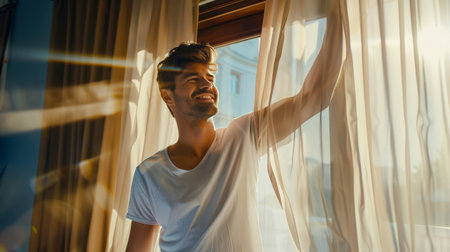 Morning awakening. Good morning. The man smiles and looks out the window. The curtains are open, letting in sunlight. The scene looks happy and relaxedの素材