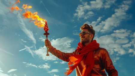 A man in sunglasses holds a burning torch and smiles while looking at the sky. The concept of excitement, adventure and participation in a global sporting event. A fire fluttering in the windの素材