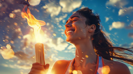 The opening ceremony of a major global sporting event. Close-up of a happy young female athlete holding a torch with a burning flame and smiling. The idea of joy and achievement in sports.の素材