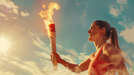 A white happy female athlete holds a torch with fire in her hand against the sunset background. The opening ceremony of a major global sporting event. The idea of joy and excitement.の素材