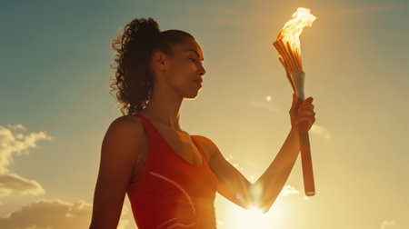 The concept of opening and participating in a global sporting event. A black athlete holds a flaring torch with fire against the background of the sunset. The African woman is wearing a red T-shirt.の素材