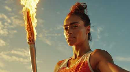 A black African woman holding a torch with a burning flame in the sky. The concept of participation in a global sporting event. A serious athlete is a runner. A fire fluttering in the windの素材