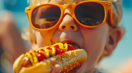 A close-up portrait of a cool stylish little boy eating a hot dog with mustard and ketchup. Hot dog day. Junk food that leads to obesity. National American food.の素材