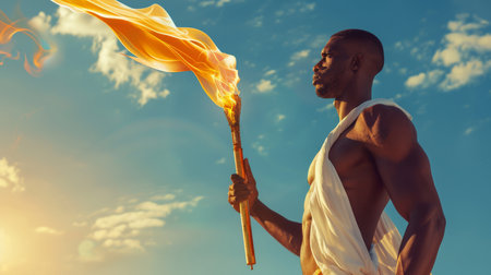 A happy black young man holds a golden torch with a burning flame. The opening ceremony of a major global sporting event. An African athlete looks at the sunset skyの素材