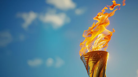 Close-up of a large golden torch burning against a blue sky background. The concept of a holiday, as the torch is often used to mark special occasions. The opening of a major global sporting event.の素材