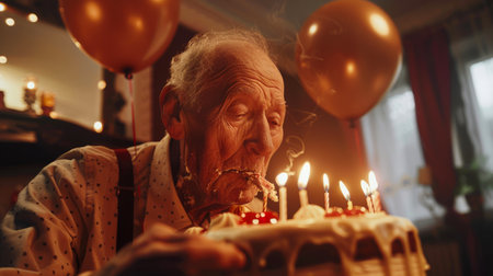 A crazy old man celebrates his anniversary alone. An elderly man blows out candles on a birthday cake. The concept of nostalgia and celebration when a man enjoys his special dayの素材