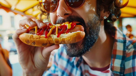 Close-up of an unshaven man in sunglasses eating a hot dog with ketchup and mustard in an outdoor summer cafe. A quick snack. Junk food that leads to obesity.の素材