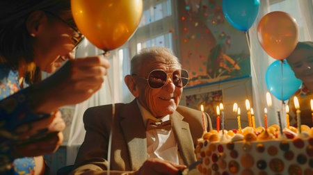 The old grandfather celebrates the centenary. A long-lived person. A happy, stylish elderly man in a suit, white shirt, bow tie and sunglasses is cutting a large cake with candles surrounded by friends. The scene is festive and happyの素材