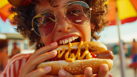 A cool stylish trendy teenager with curly hair wearing sunglasses is eating a hot dog with mustard and ketchup. The picture shows a cheerful and relaxed mood as the guy enjoys a meal in a relaxed atmosphereの素材