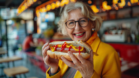 A laughing elderly grandmother with glasses holds a huge delicious hot dog with mustard and ketchup in her hands. The concept of fast junk food. She smiles and enjoys her meal. Junk food that leads to obesity.の素材
