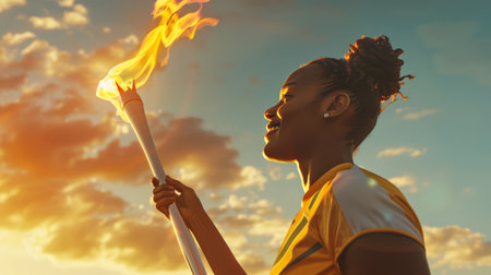 Candid portrait of a happy black woman holding a torch with a burning fire in the sunset sky. The African athlete is smiling. The opening of a major global sporting event. The concept of pride and courageの素材