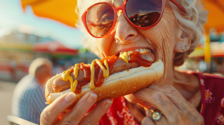 A cute stylish granny on vacation by the sea eats a delicious big hot hot dog. A woman in a red dress and sunglasses is sitting under an umbrella on the beach. She is smiling and enjoying her mealの素材
