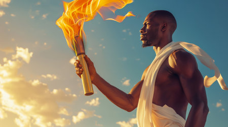 The idea of joy and achievement in sports. A black athlete holds a torch with a blazing fire in the sky. The opening ceremony of a major global sporting event. The man is wearing a white toga on his naked body.の素材
