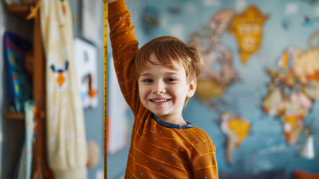 A little boy stands in front of a wall with a large map of the world. He holds a yellow tape measure and measures his height. The concept of a child's growth and maturation. Stylish modern children's roomの素材
