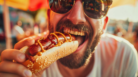 Close-up of a stylish vacationing handsome man in sunglasses eating a hot delicious hot dog with mustard and sesame in a cafe. He smiles and enjoys his meal. Unhealthy food. Fast food.の素材