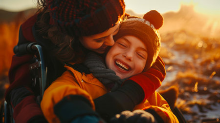 A mother hugs her laughing little disabled son in a wheelchair in the rays of the warm setting sun. The concept of caring for disabled children. The scene is warm and full of loveの素材