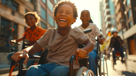 A group of black happy disabled children are riding down the street in wheelchairs on a summer day. They smile and laugh. The concept of love and care for disabled childrenの素材