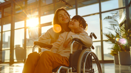 A young girl hugs her disabled little sister, who is sitting in a wheelchair. the concept of love, care and the value of a healthy relationship. The scene is bright and cheerful, the sun is shining through the windows.の素材