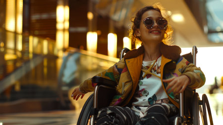 A disabled girl enjoys the happy moments of her life, despite her physical disabilities. A teenage girl in stylish sunglasses is sitting in a wheelchair.の素材