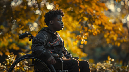 A black sad disabled teenager is sitting in a wheelchair in an autumn park. The scene is peaceful and serene, the boy is looking into the distance. The concept of solitude and contemplationの素材
