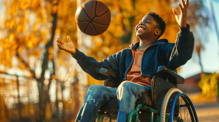 The concept of the importance of sports for people with disabilities. A black African disabled teenager is playing basketball in a wheelchair. He smiles and enjoys life. The guy caught a basketball.の素材