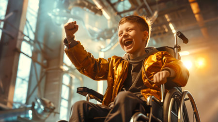 A disabled boy in a wheelchair raises his fist up in a sign of struggle with his disease. The scene is bright and cheerful, the boy is happy, he is wearing a colorful yellow jacket.の素材