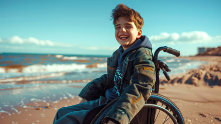 A happy disabled boy in a wheelchair got to the sea for the first time. The concept of joy and freedom when a boy can enjoy nature despite his physical limitationsの素材